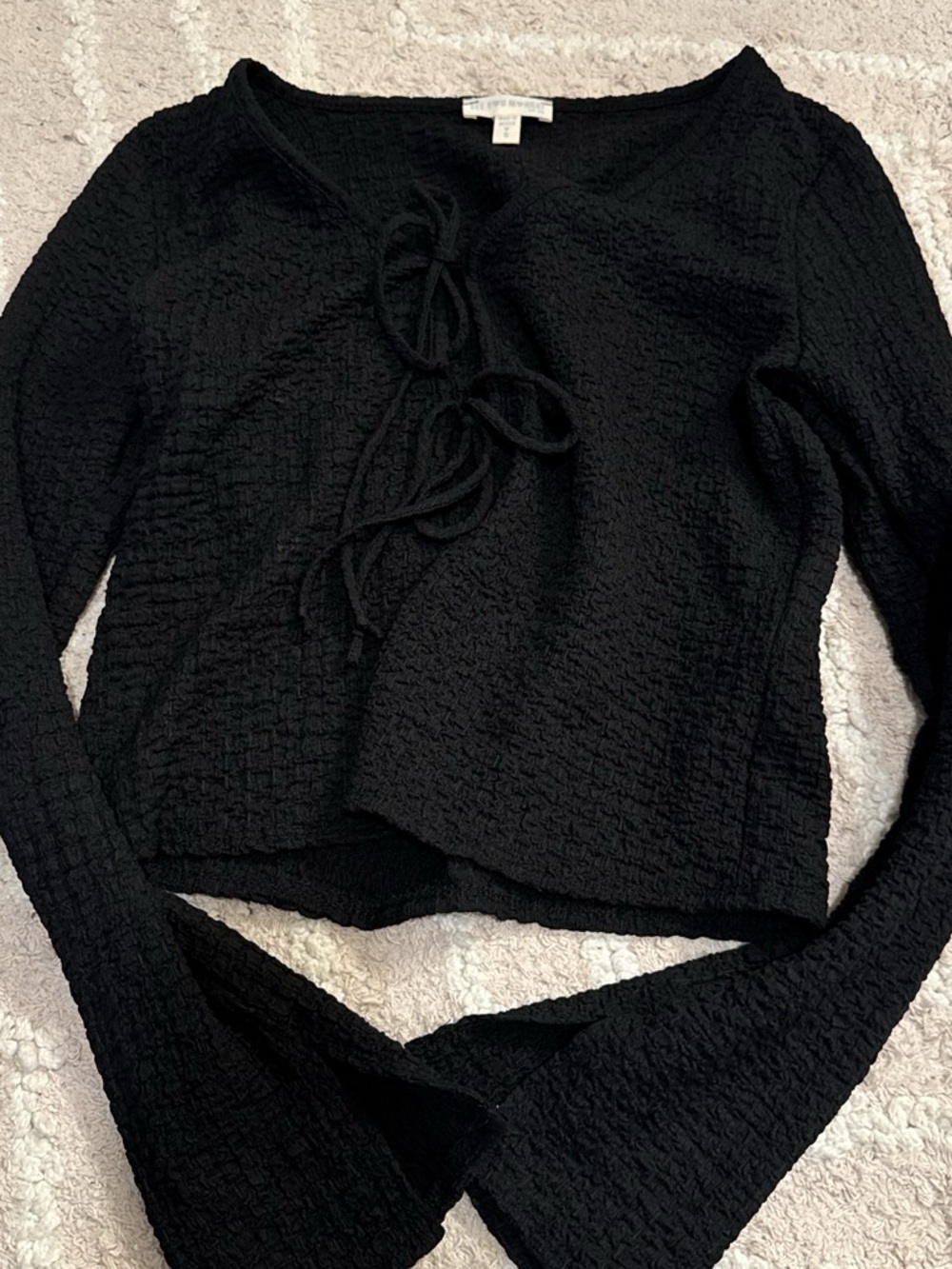See You Monday Black Textured Tie-Front Long Sleeve Top